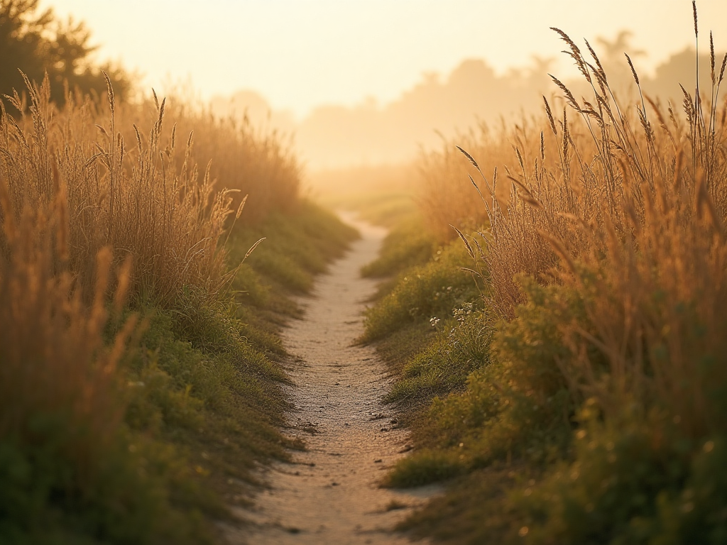 A narrow path through tall golden grass at dusk — The Composed Path