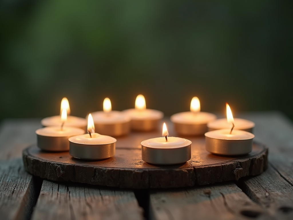 Candles gathered in a circle on weathered wood — Group Sanctuary, rest held together