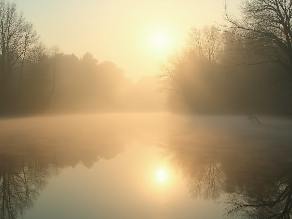 Still water at dawn with soft mist — Living Into Stillness series
